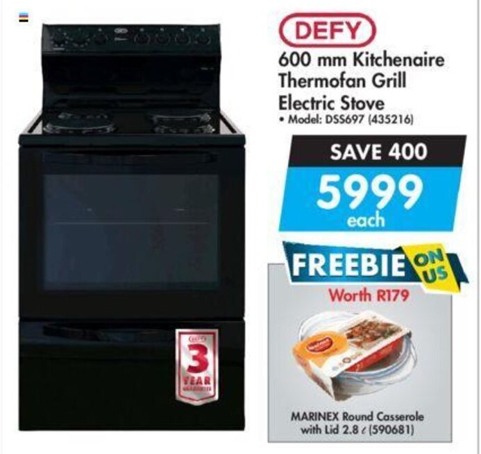 Defy 600mm Kitchenaire thermofan Grill Electric Stove offer at Makro
