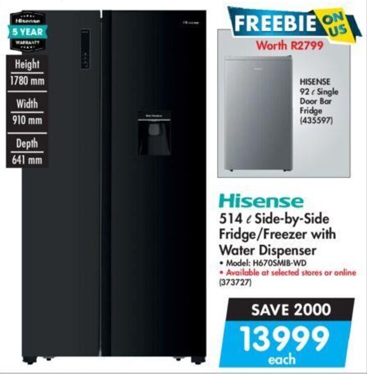 Hisense 514L Sidebyside Fridge / Freezer with Water Dispenser offer