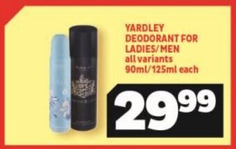 Usave Yardley Deodorant for Ladies / Men all variants 90ml / 125ml offer