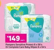 Pampers Sensitive Protect 6 x 56's Or Complete Care Baby Wipes 6 x 64's-Each