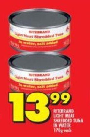 Shoprite Ritebrand Light Meat Shredded Tuna in Water 170g offer
