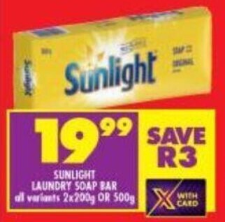 Shoprite Sunlight Laundry Soap Bar all variants 2 x 200g/500g offer