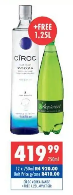 Ultra Liquors Círoc Vodka Range 750ml + Free 1.25L Appletiser offer