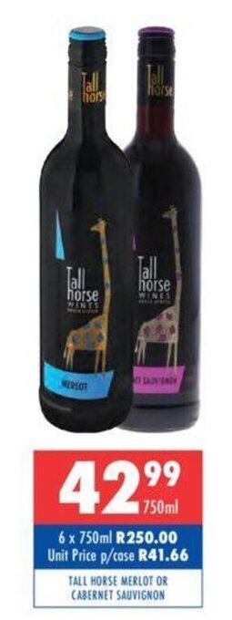 Ultra Liquors Tall Horse Merlot or Cabernet Sauvignon 750ml offer