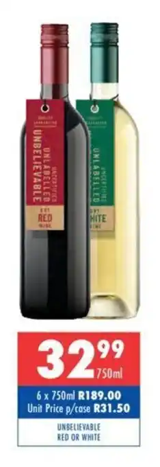 Ultra Liquors Unbelievable Red or White 750ml offer