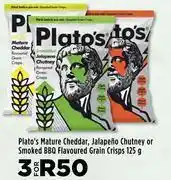 Food Lover's Market Plato's mature cheddar,jalapeno chutney or smoked bbq flavoured grain chips-for 3 x 125g offer