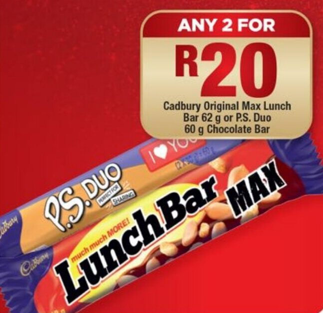 Cadbury Original Max Lunch Bar 62g or P.S. Duo 60g Chocolate Bar any 2