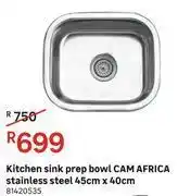 Leroy Merlin Cam Africa Stainless Steel Kitchen Sink Prep (Single) Bowl 45cm x 40cm offer