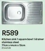 Leroy Merlin Kitchen Sink 1 Square Bowl 1 Drainer Stainless Steel 77cm x 44cm x 15cm offer