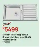 Leroy Merlin Frasa Stainless Steel Kitchen Sink 1 Deep Bowl 1 Drainer 100cm x 50cm offer