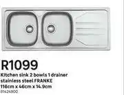 Leroy Merlin Franke Stainless Steel Kitchen Sink 2 Bowls 1 Drainer 116cm x 46cm x 14.9cm offer