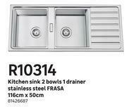Leroy Merlin Frasa Stainless Steel Kitchen Sink 2 Bowls 1 Drainer 116cm x 50cm offer