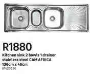 Leroy Merlin Cam Africa Stainless Steel Kitchen Sink 2 Bowls 1 Drainer 136cm x 46cm offer