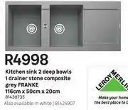 Franke Composite Grey Stone Kitchen Sink 2 Deep Bowls 1 Drainer 116cm x 50cm x 20cm