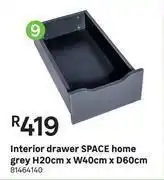 Space Home Grey Interior Drawer H20cm x W40cm x D60cm