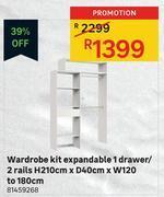 Leroy Merlin Wardrobe kit expandable 1 drawer/2 rails h210cm x d40cm x w120 to 180cm 81459268 offer