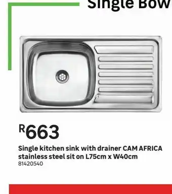 Leroy Merlin Single kitchen sink with drainer cam africa stainless steel sit on l75cm x w40cm offer