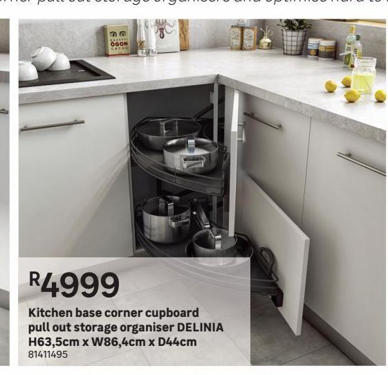 Kitchen base corner cupboard pull out storage organiser delinia h63.5cm