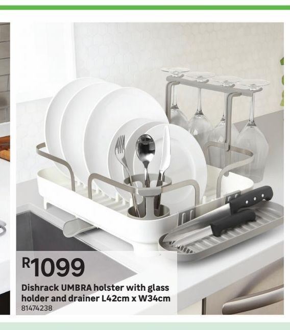 Dishrack umbra holster with glass holder and drainer l42cm x w34cm