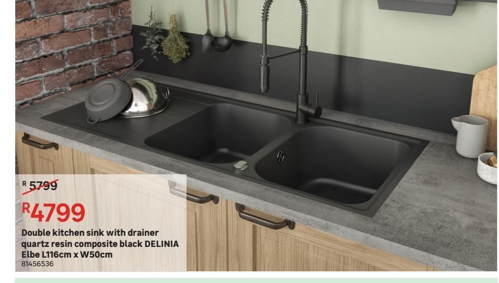 Double kitchen sink with drainer quartz resin composite black delinia
