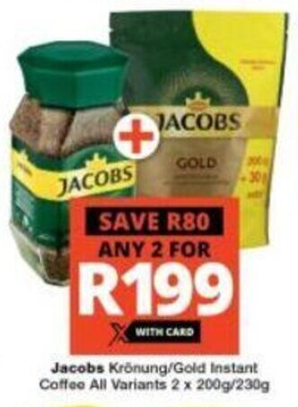 Checkers Jacobs Krönung / Gold Instant Coffee all variants 2 x  200g / 230g offer