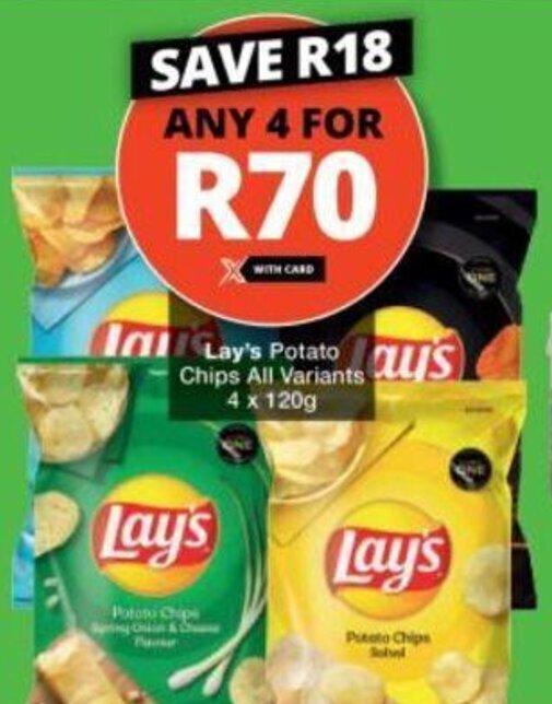 Lay's Potato Chips all variants 4 x 120g offer at Checkers
