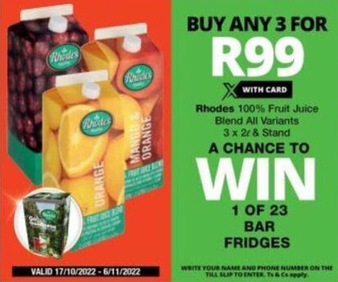 Rhodes Fruit Juice Blend all variants 3 x 2L offer at Checkers