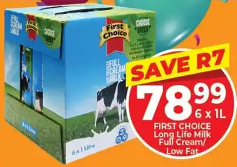 Elite Cash & Carry First Choice Long Life Milk Full Cream / Low Fat 6 x 1L offer