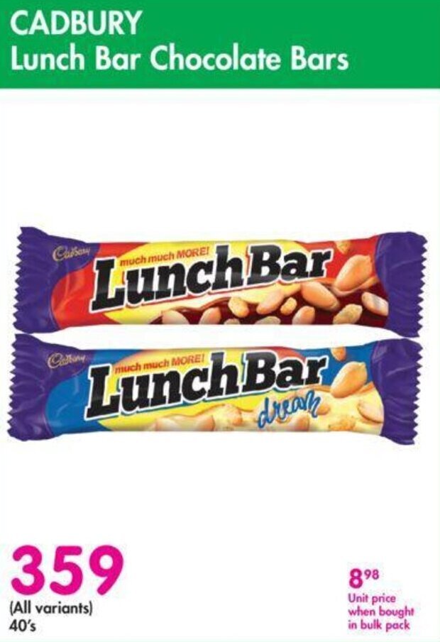Cadbury Lunch Bar Chocolate Bars all variants 40's offer at Makro