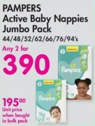 Makro Pampers Active Baby Nappies Jumbo Pack 44/48/52/62/66/76/94's any 2 for offer