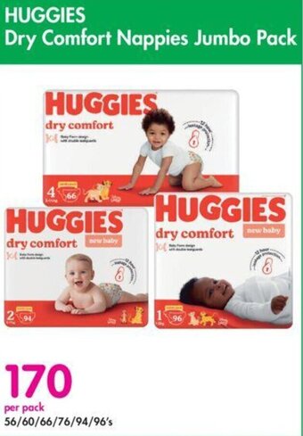 Makro Huggies Dry Comfort Nappies Jumbo Pack 56/60/66/76/94/96's per pack offer