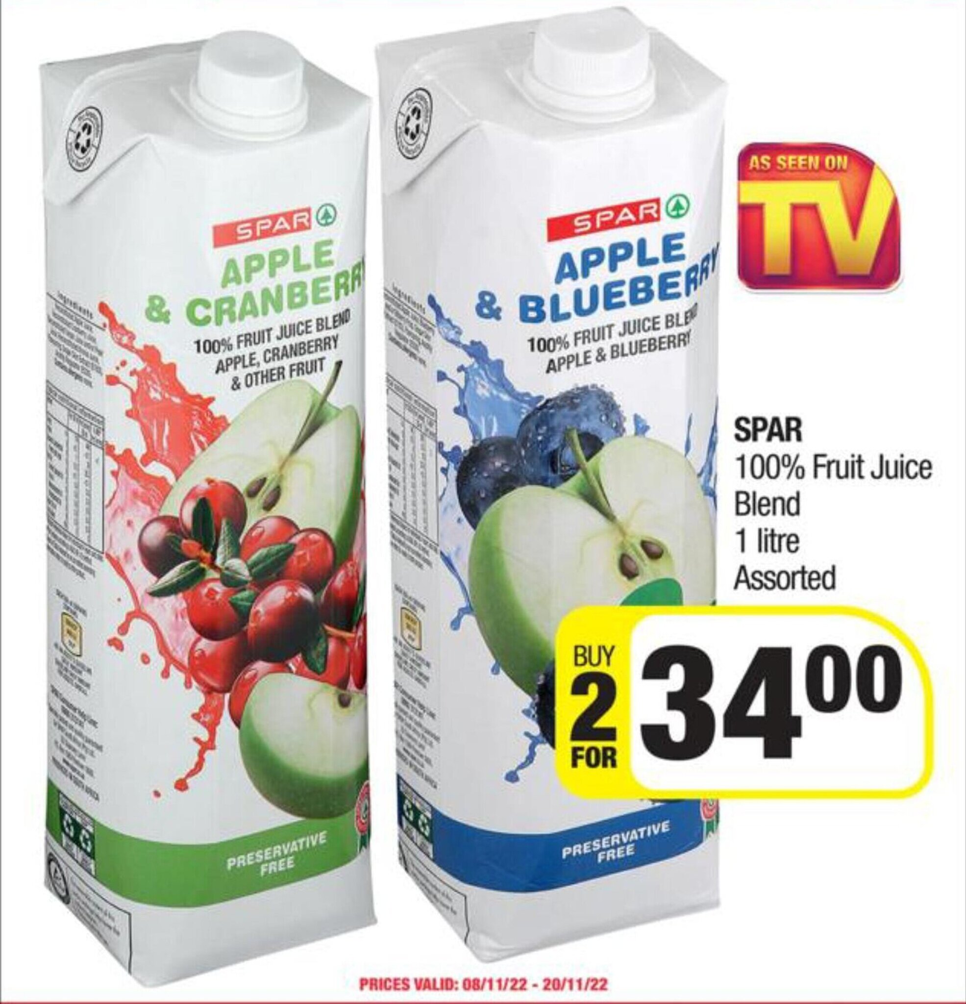 Spar 100 Fruit Juice Blend assorted buy 2 x 1litre offer at Spar
