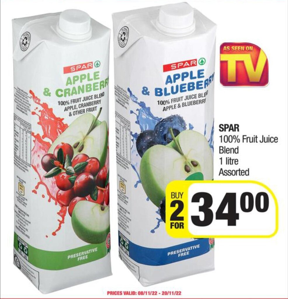 Spar 100% Fruit Juice Blend assorted buy 2 x 1litre offer at Spar