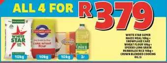 Usave White Star Super Maize Meal 10kg +Snowflake Cake Wheat Flour 10kg +Spekko Parboiled Rice 10kg +Crown Cooking Oil 2L offer