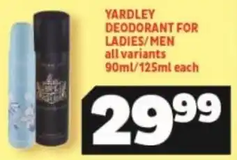 Usave Yardley Deodorant for Ladies / Men all variants 90ml / 125ml offer