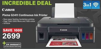 Incredible Connection Canon Pixma G3411 Continuous Ink Printer offer