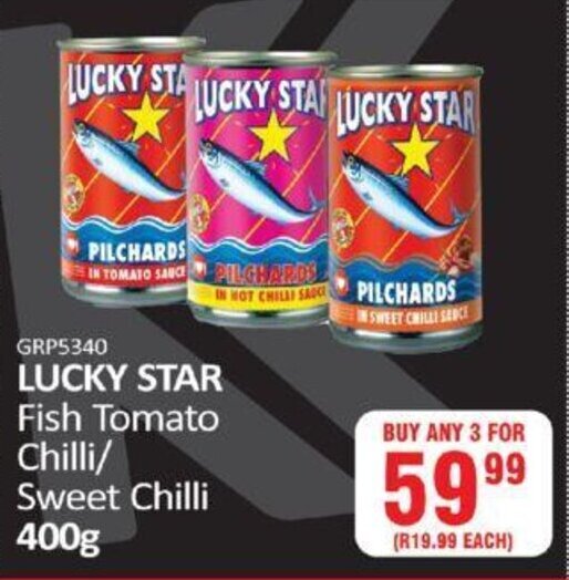 Lucky Star Pilchards in Tomato / Hot Chilli / Sweet Chilli Sauce 400g