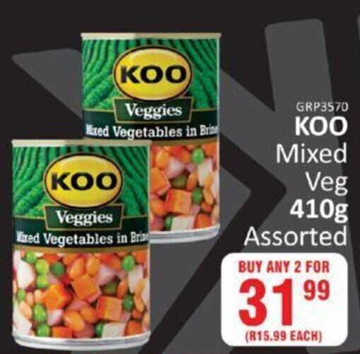 Koo Mixed Vegetables assorted 410g buy any 2 for offer at KitKat Cash