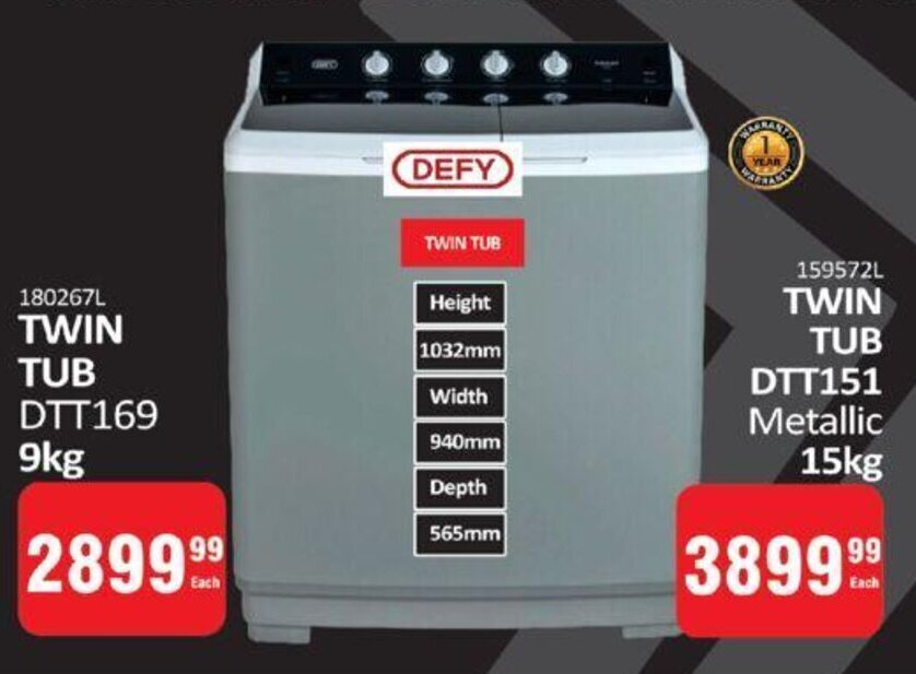 Defy Twin Tub DTT169 9kg offer at KitKat Cash and Carry
