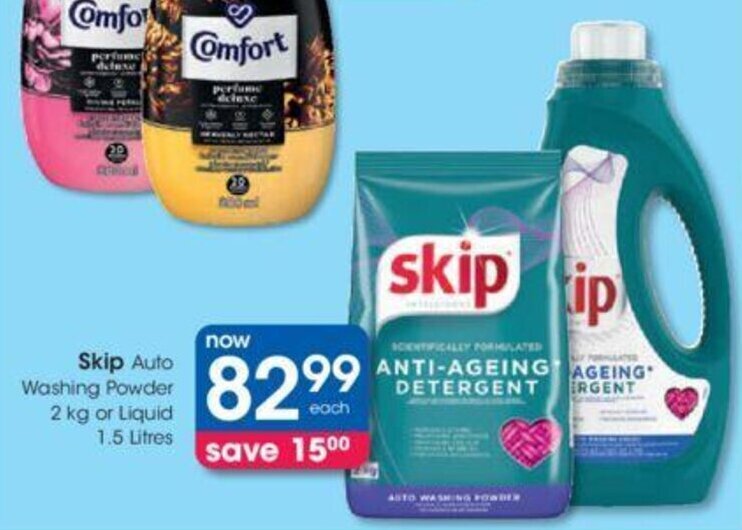Skip Auto Washing Powder 2kg or Liquid 1.5 litres offer at Clicks