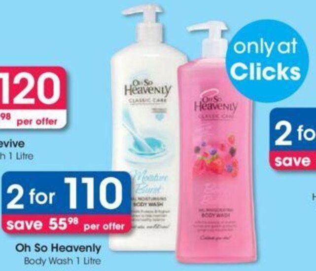 Oh So Heavenly Body Wash 2 x 1 litre offer at Clicks