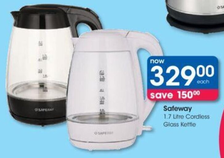 Safeway 1.7 litre Cordless Glass Kettle offer at Clicks