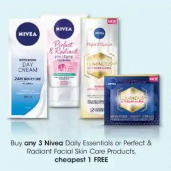 Clicks Buy any 3 Nivea Daily Essentials or Perfect & Radiant Facial Skin Care Products cheapest 1 FREE offer
