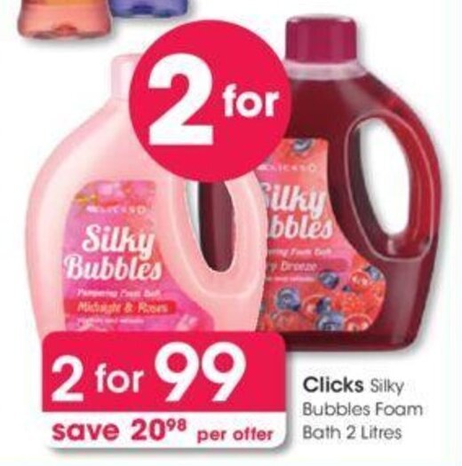 Clicks+ Silky Bubbles Foam Bath 2 x 2 litres offer at Clicks
