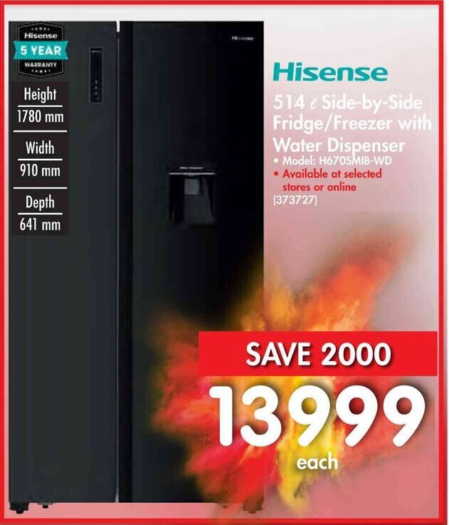 Hisense 514L Sidebyside Fridge / Freezer with Water Dispenser offer