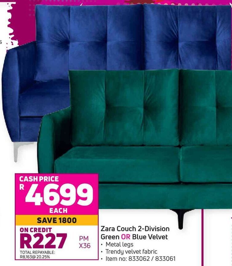 Zara Couch 2 Division Green or Blue Velvet offer at Game