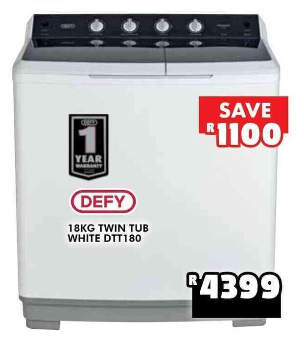 Defy 18kg Twin Tub White DTT180 offer at Russells