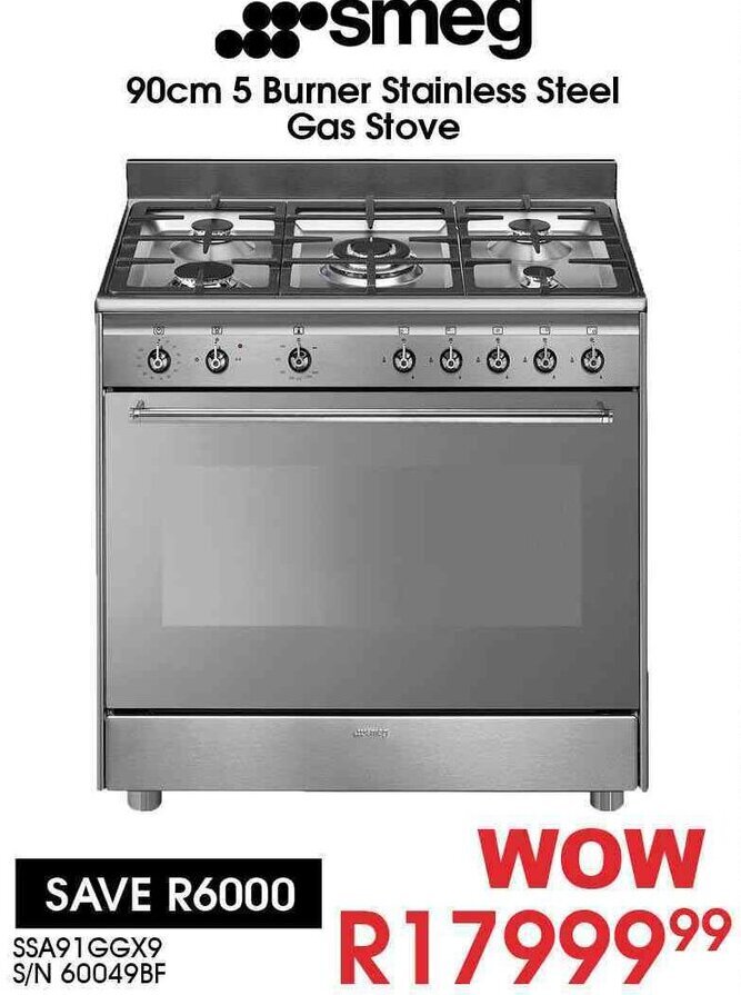 Smeg 5 Burner Stainless Steel Gas Stove 90cm offer at Hirsch's