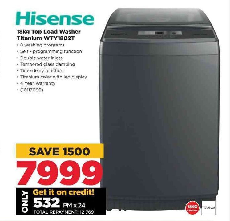 Hisense 18kg Top Load Washer Titanium WTY1802T offer at HiFi Corp