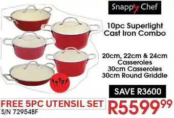 10pc Superlight Cast Iron Combo 20cm, 22cm & 24cm Casseroles 30cm Casseroles 30cm Round Griddle